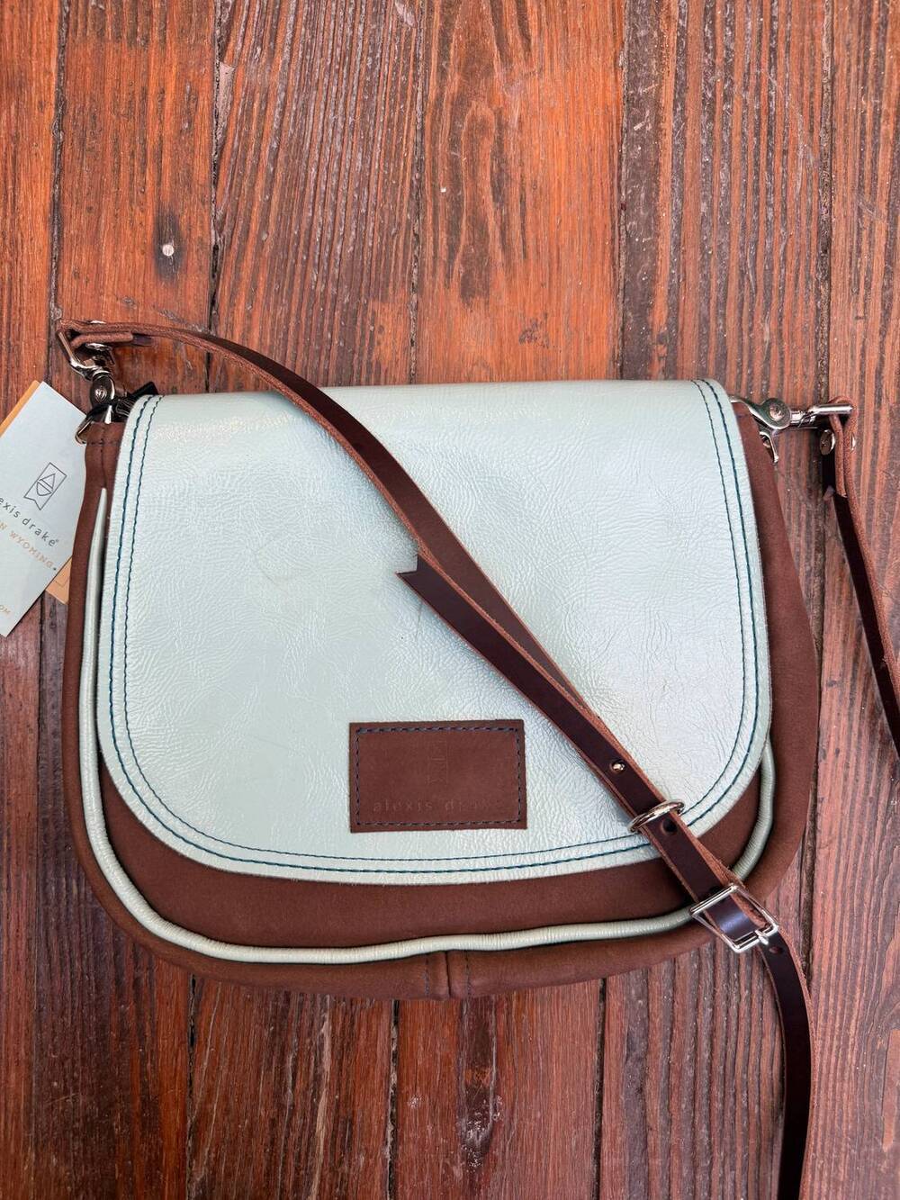 NEW ALEXIS DRAKE women's mini esther crossbody bag in mocha suede and ice blue b
